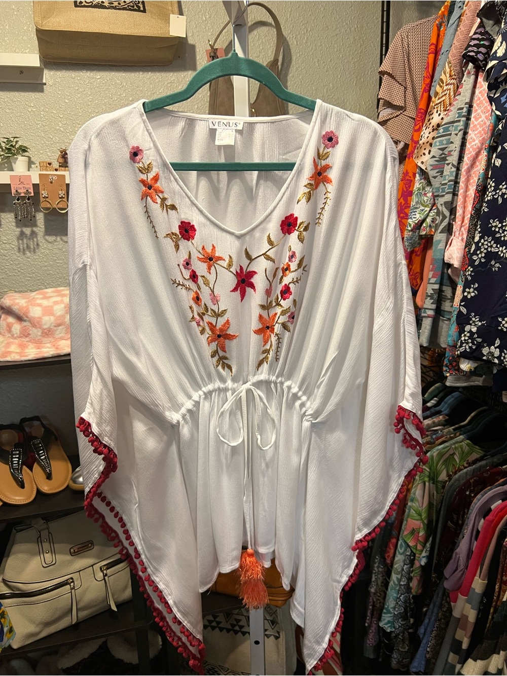 VENUS White Embroidered V-Neck Tunic with Orange Tassel & Pink Trim